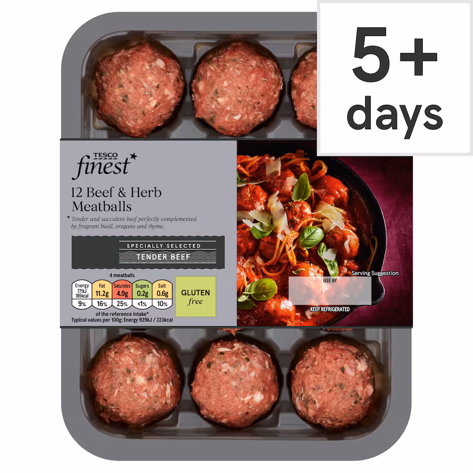 Tesco Finest 12 Beef & Herb Meatballs 336G