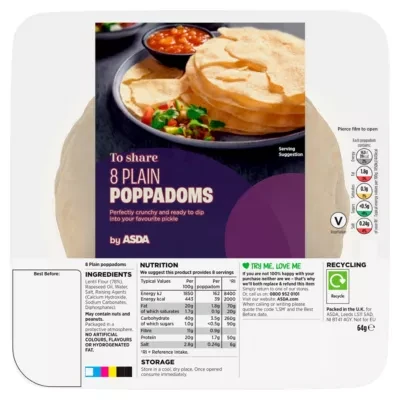 ASDA 8 Plain Poppadoms 64g