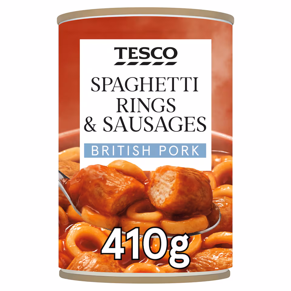 Tesco Spaghetti Rings Sausages In Tomato Sauce 410G