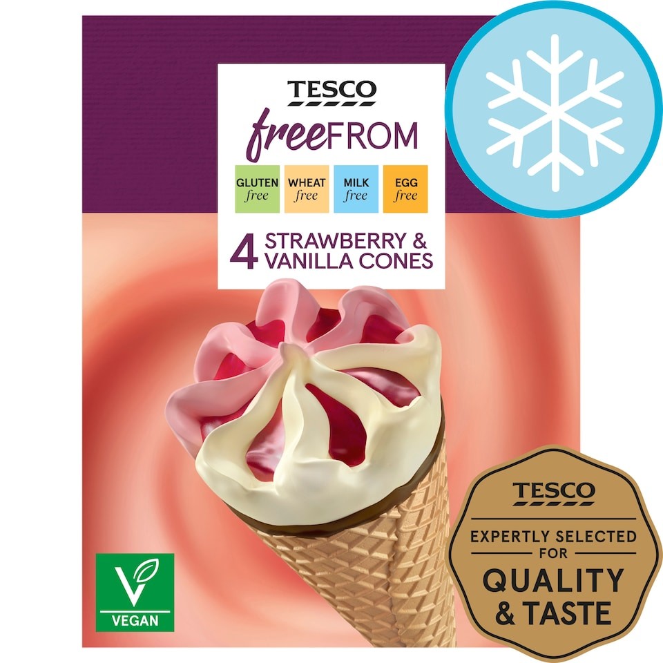 Tesco Free From Strawberry & Vanilla Cones 4 X 120Ml