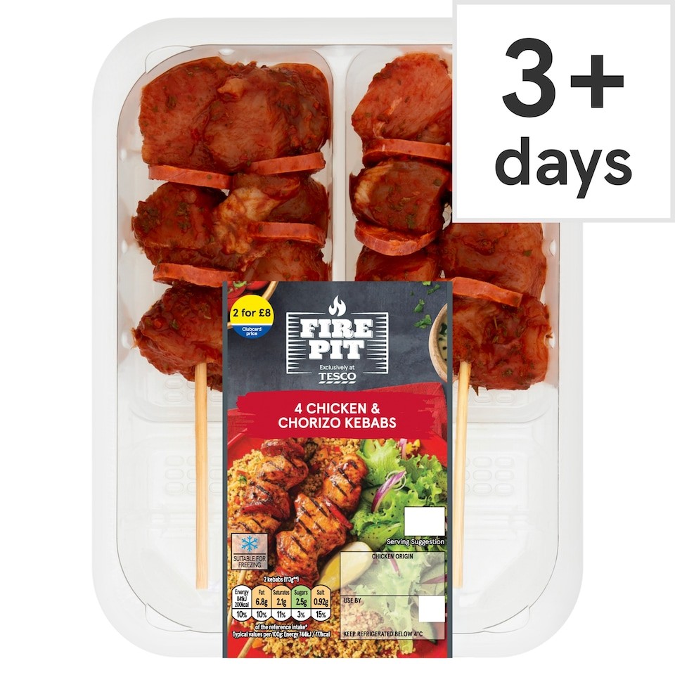 Tesco 4 Bbq Chicken & Chorizo Kebabs 272G
