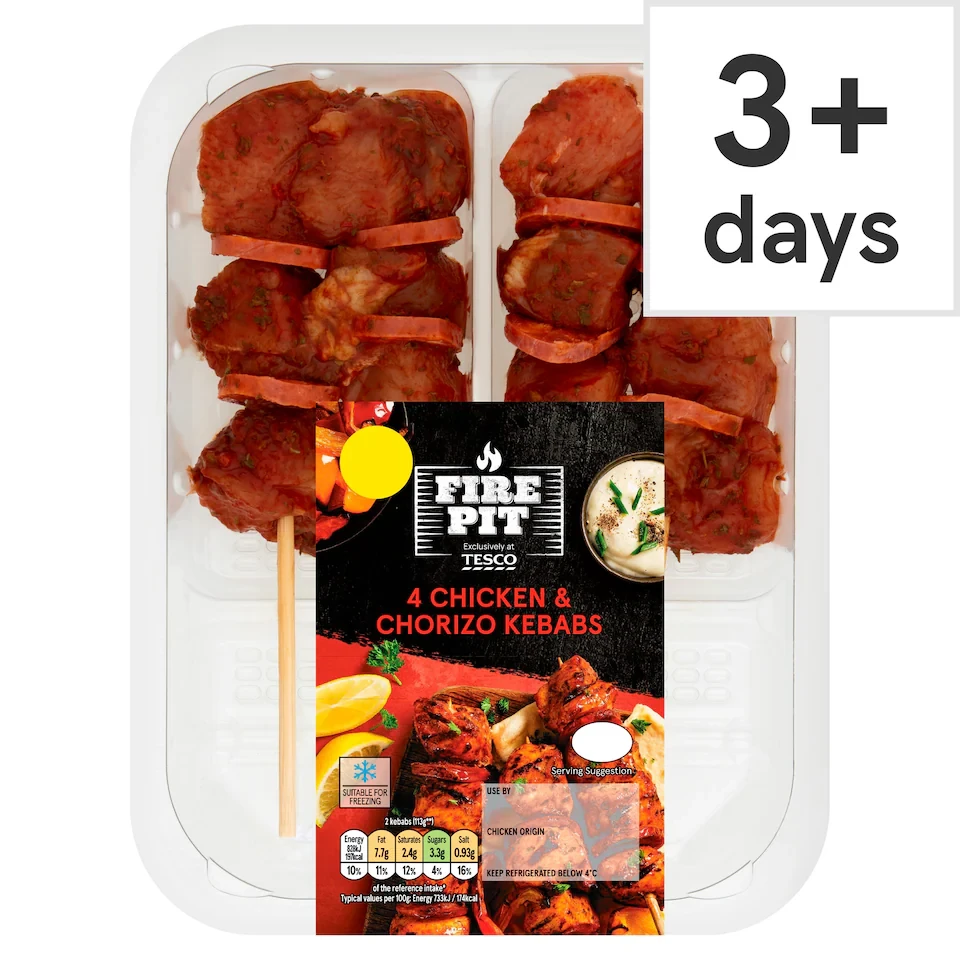 Tesco 4 Bbq Chicken & Chorizo Kebabs 272G