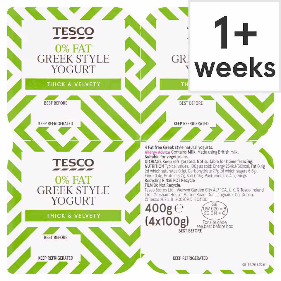 Tesco 0% Fat Greek Style Yogurt 4X100g