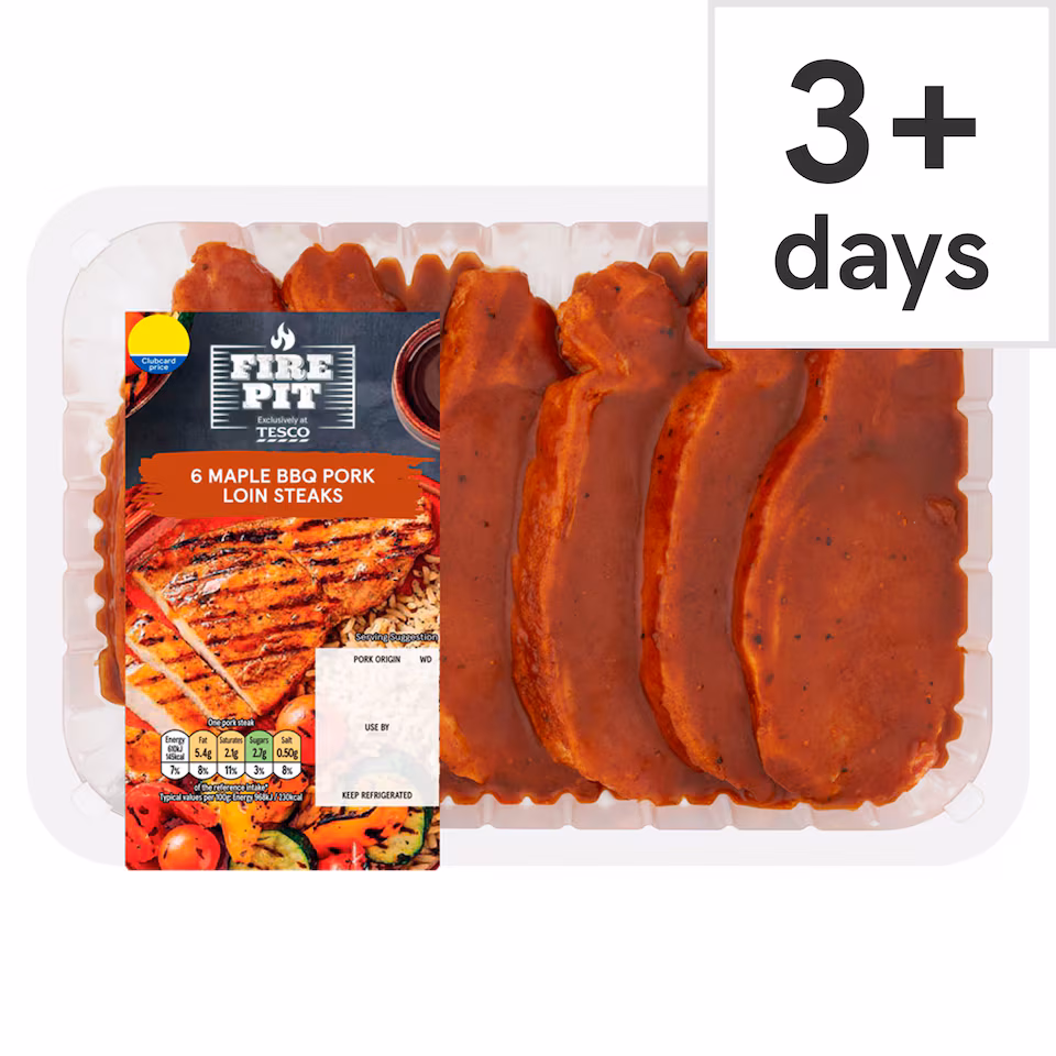 Tesco Fire Pit 6 Bbq Maple Pork Loin Steaks 600G
