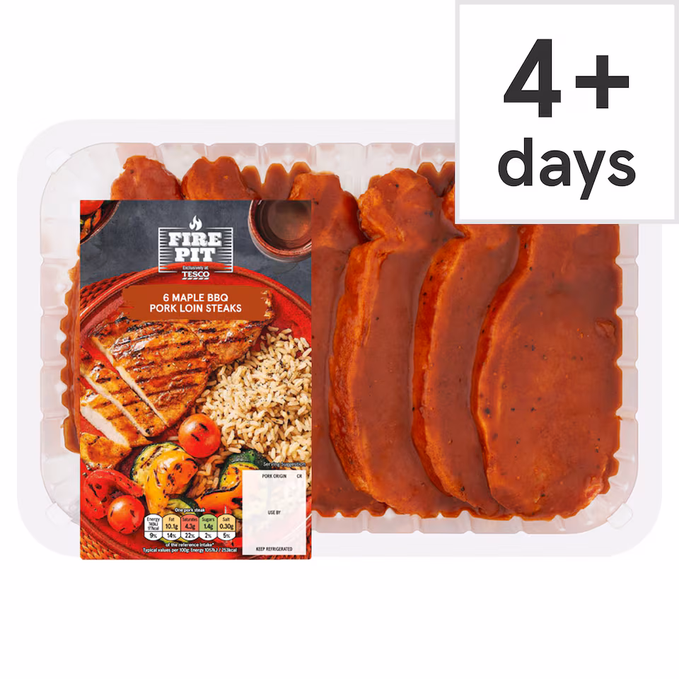Tesco Fire Pit 6 Bbq Maple Pork Loin Steaks 600G