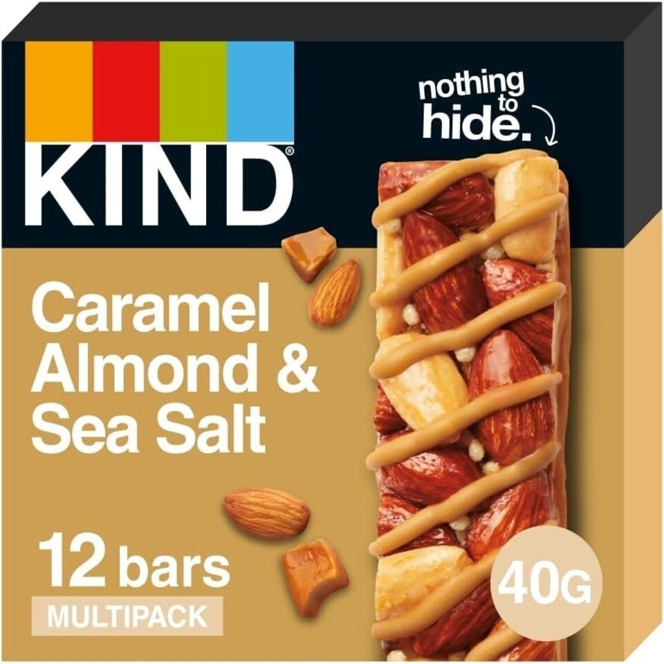KIND Bars, Gluten Free Snack Bars, Caramel Almond & Sea Salt, High Fibre, Healthy Snack, No Artificial Colours, Flavours or Preservatives, Multipack 12 x 40g | Brown