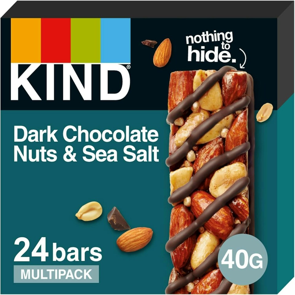 KIND Bars, Gluten Free Snack Bars, Dark Chocolate Nuts & Sea Salt, High Fibre, No Artificial Colours, Flavours or Preservatives, Multipack 24 x 40g | Blue