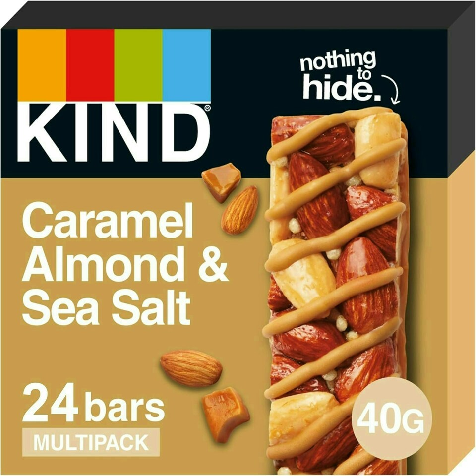 KIND Bars, Gluten Free Snack Bars, Caramel Almond & Sea Salt, High Fibre, Healthy Snack, No Artificial Colours, Flavours or Preservatives, Multipack 24 x 40g | Brown