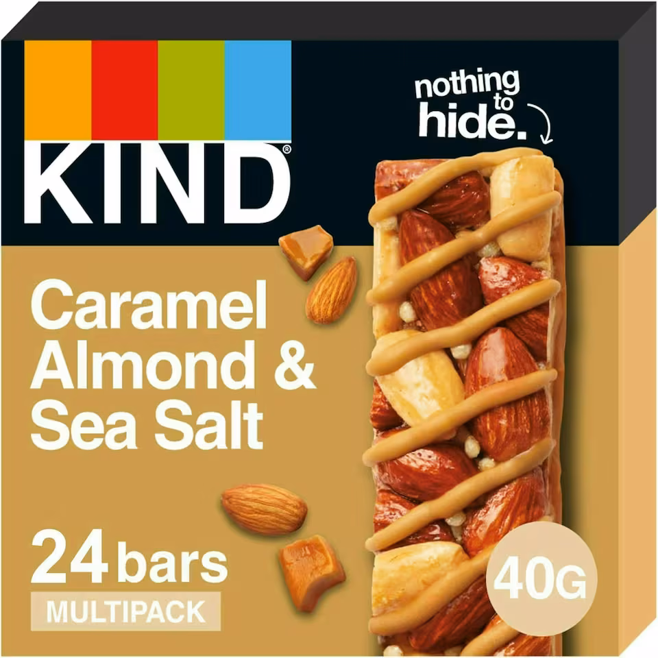 KIND Bars, Gluten Free Snack Bars, Caramel Almond & Sea Salt, High Fibre, Healthy Snack, No Artificial Colours, Flavours or Preservatives, Multipack 24 x 40g | Brown