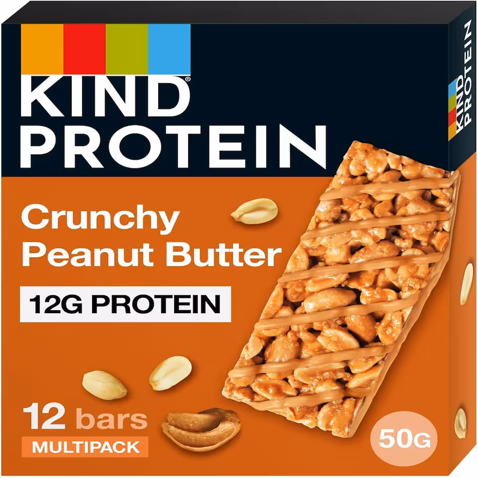 KIND Protein Bars, Gluten Free Snack Bars, Crunchy Peanut Butter, High Fibre, Source of Protein, No Artificial Colours, Flavours or Preservatives, 12 x 50g | Brown