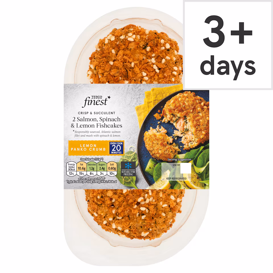 Tesco Finest 2 Salmon, Spinach & Lemon Fishcakes 290g
