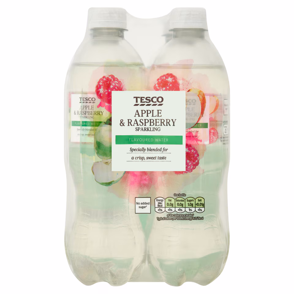 Tesco No Added Sugar Apple & Raspberry Sparkling Flavoured Water 4 x 500ml