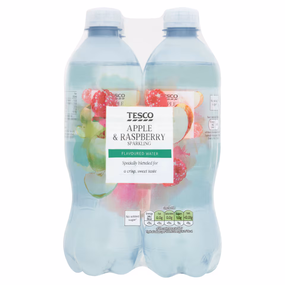 Tesco No Added Sugar Apple & Raspberry Sparkling Flavoured Water 4 x 500ml