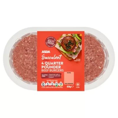 ASDA 4 Succulent Quarter Pounder Beef Burgers 454g
