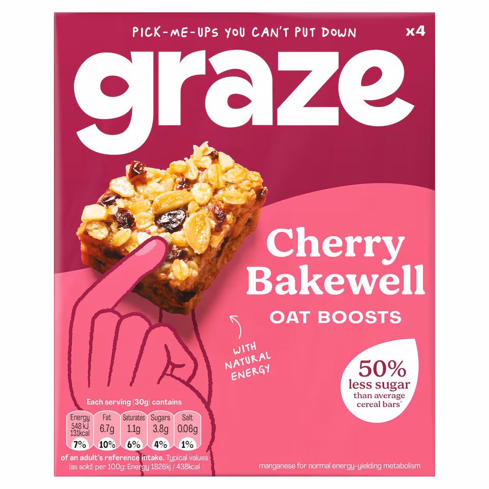 Graze Cherry Bakewell Oat Boosts Flapjack Snack 4x30G
