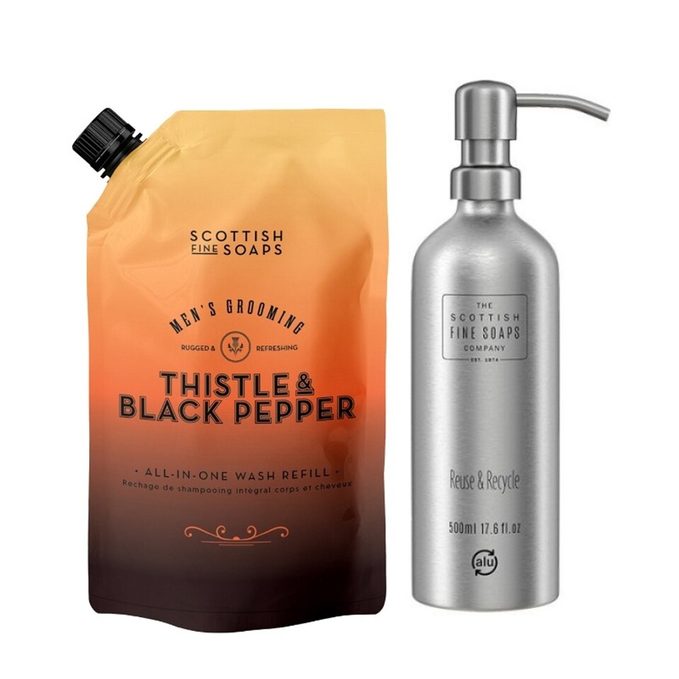 Scottish Fine Soaps Thistle And Black Pepper Wash Refill 1.2ltr And Pump Bottle Duo