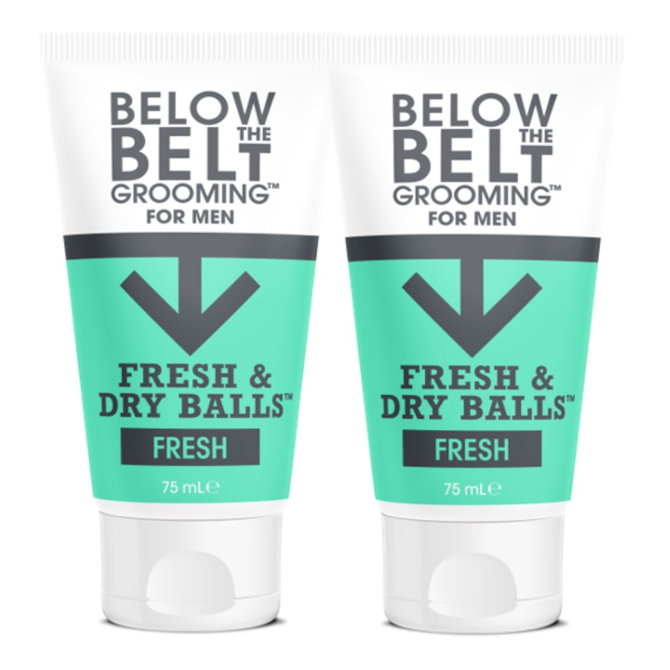 Below The Belt Grooming Fresh & Dry Ball Intimate Deodorant and Anti Chafing Cream For Men, Protects against Sweat, Odour and Chafing, Fresh Scent 2 x 75ml