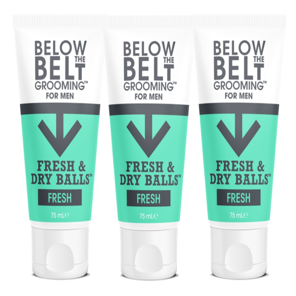 Below The Belt Grooming Fresh & Dry Ball, Intimate Deodorant and Anti Chafing Cream For Men, Protects against Sweat, Odour and Chafing, Fresh Scent 3 x 75ml