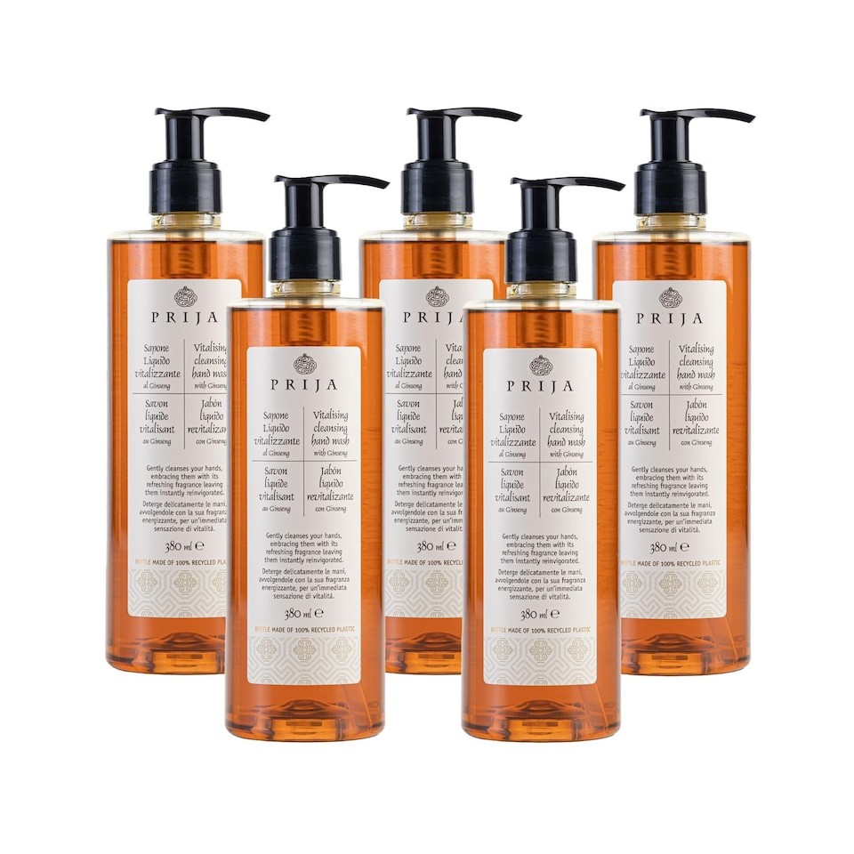 Prija Vitalising Hand Wash with Ginseng Extract Gently Cleanses Hands, Moisturising Liquid Hand Soap, Vegan Friendly with Energising Fragrance 380ml x 5