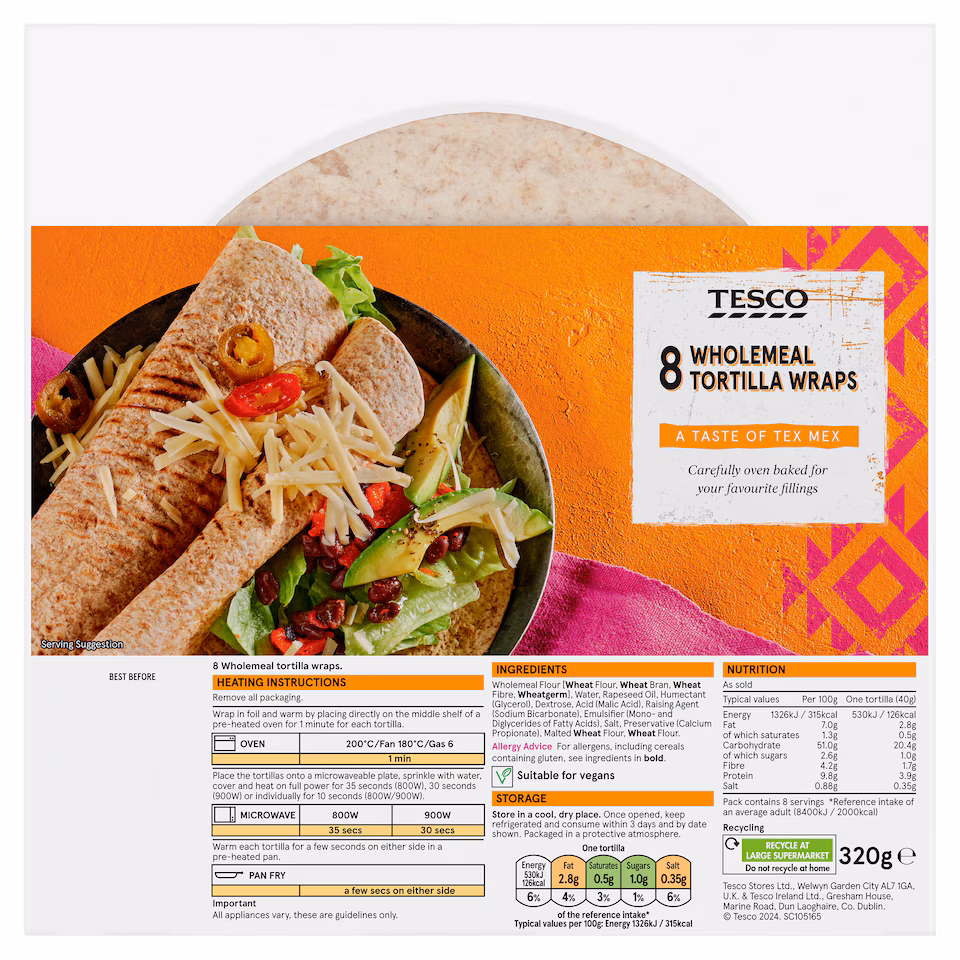 Tesco Wholemeal Tortilla Wraps 8 Pack 320g