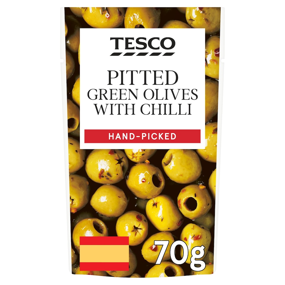 Tesco Pitted Green Olives With Chilli 70G