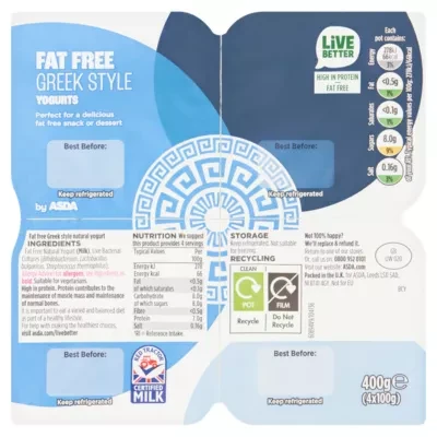 ASDA Fat Free Greek Style Yogurts 4 x 100g (400g)