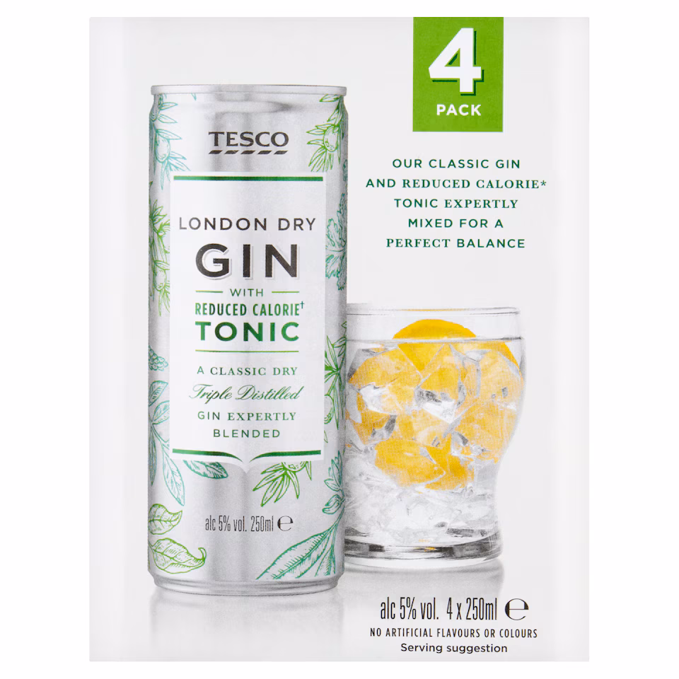 Tesco Dry Gin & Low Calorie Tonic 4X250ml