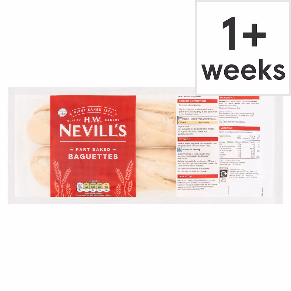 H.W. Nevill's Part Baked White Baguette 2 Pack