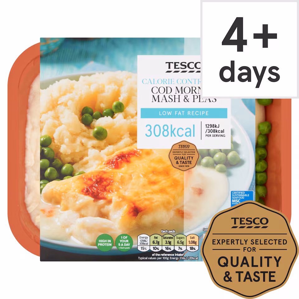 Tesco Calorie Controlled Cod Mornay, Mash & Peas 380g