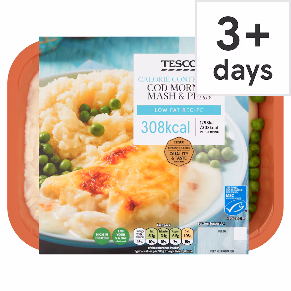 Tesco Calorie Controlled Cod Mornay, Mash & Peas 380g