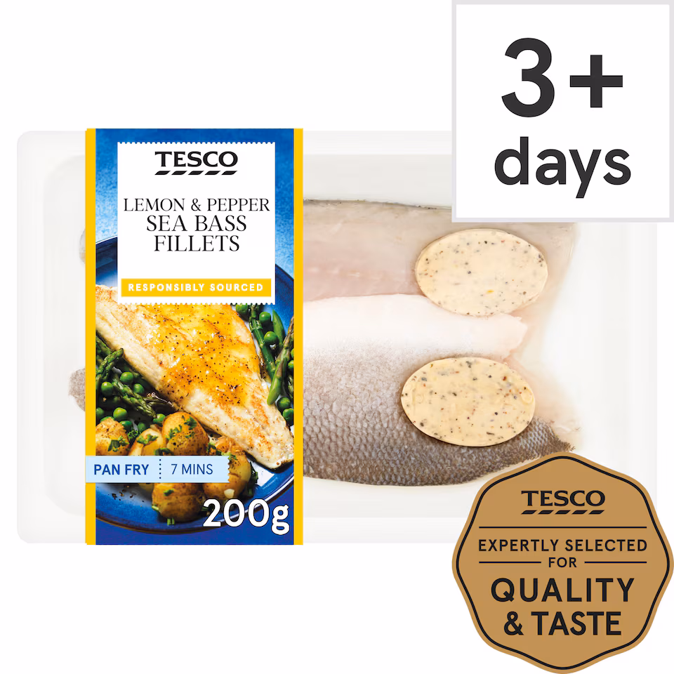 Tesco 2 Lemon & Pepper Sea Bass Fillets 200G