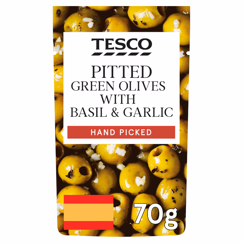 Tesco Pitted Green Olives Basil&Garlic 70G