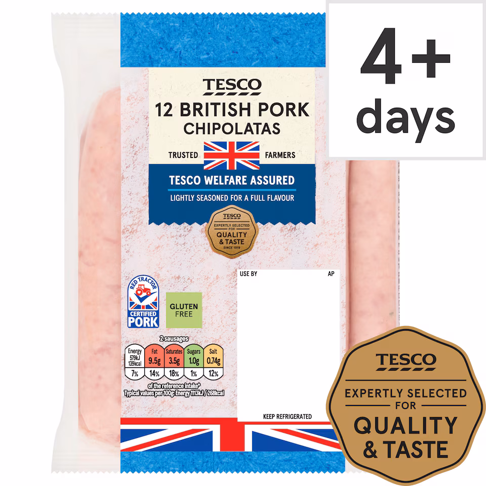 Tesco 12 Pork Chipolatas Chipolatas 375G