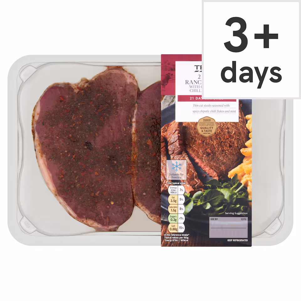Tesco 2 Beef Ranch Steaks With Garlic & Chilli 250G