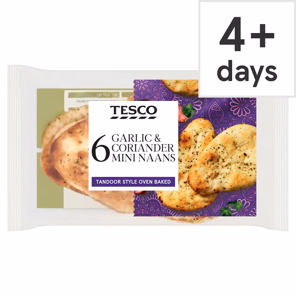 Tesco Mini Garlic & Coriander Naans 6 pack