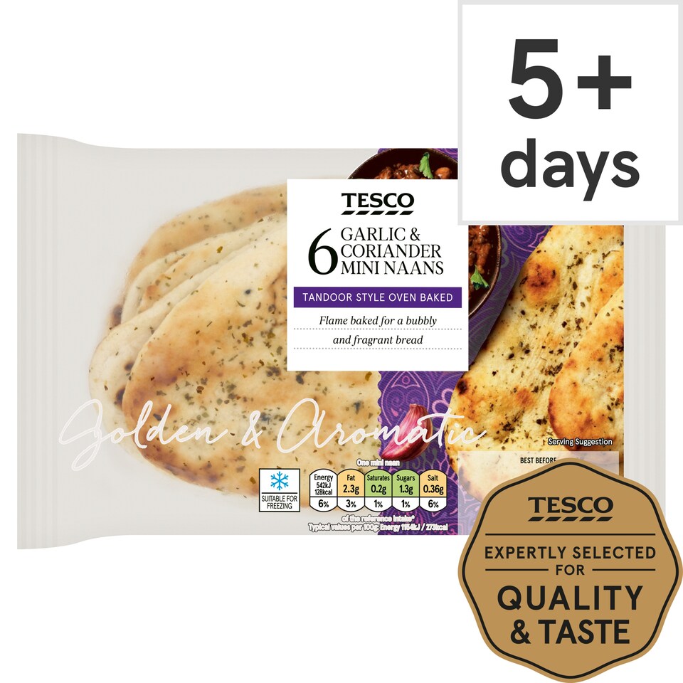 Tesco Mini Garlic & Coriander Naans 6 pack
