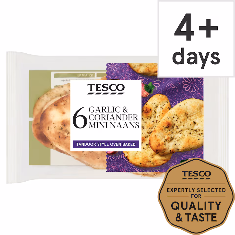 Tesco Mini Garlic & Coriander Naans 6 pack