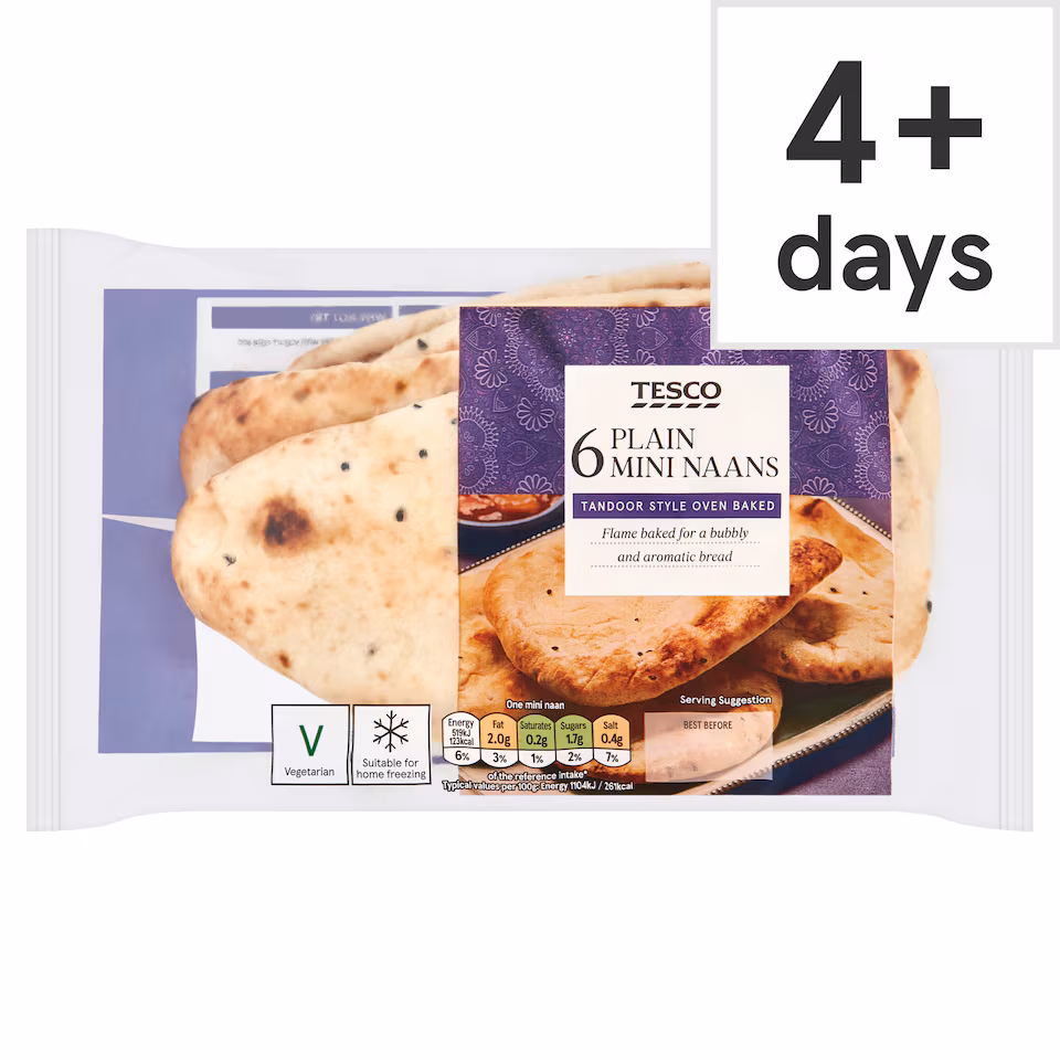 Tesco Mini Plain Naan Breads 6 Pack 282g