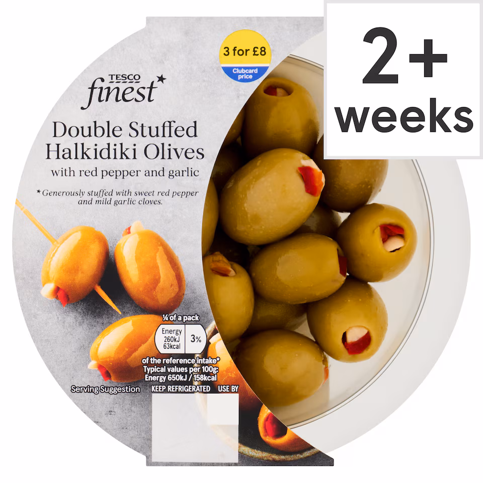 Tesco Finest Double Stuffed Halkidiki Olives Red Pepper 160G