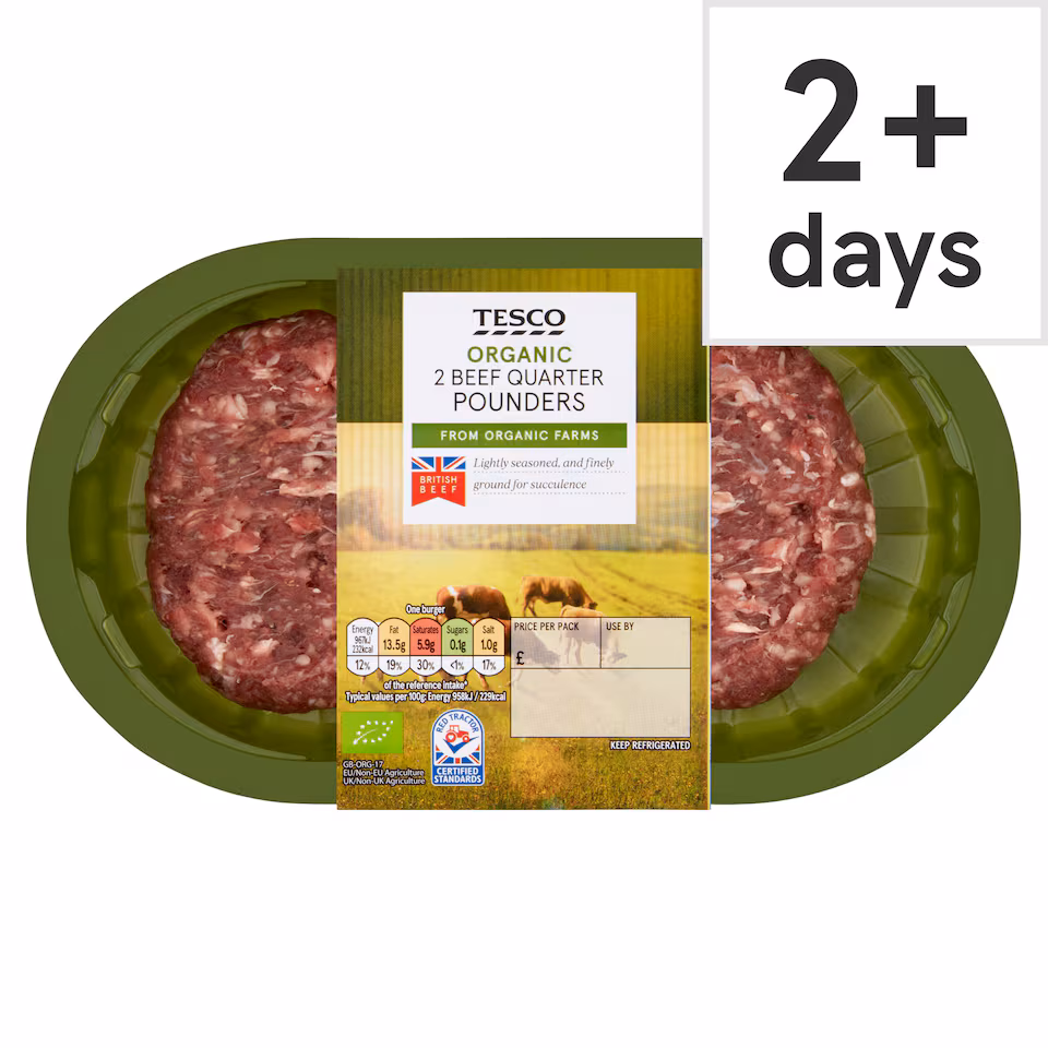 Tesco Organic Beef Quarter Pounders 2 Pack 227g