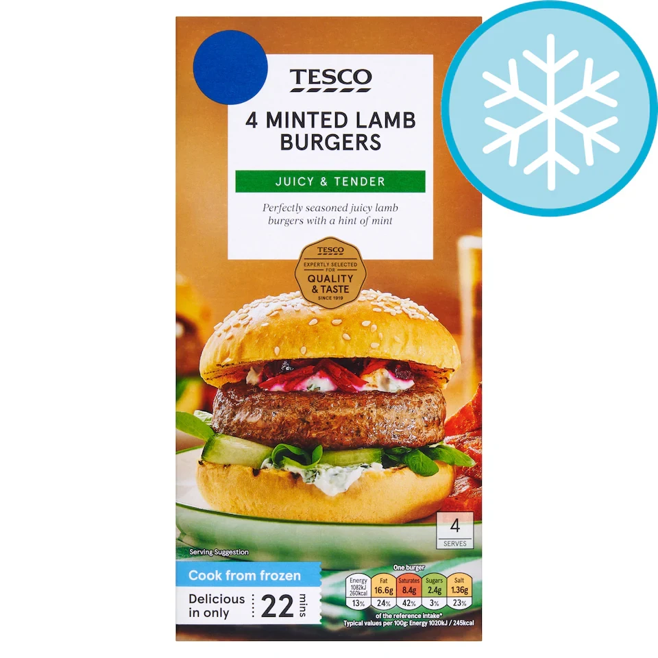 Tesco 4 Minted Lamb Burgers 454G