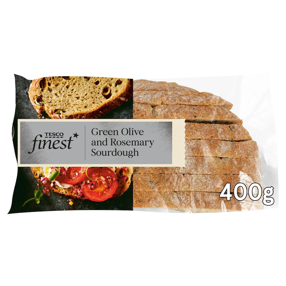 Tesco Finest Sliced Green Olive & Rosemary Sourdough Bread 400g