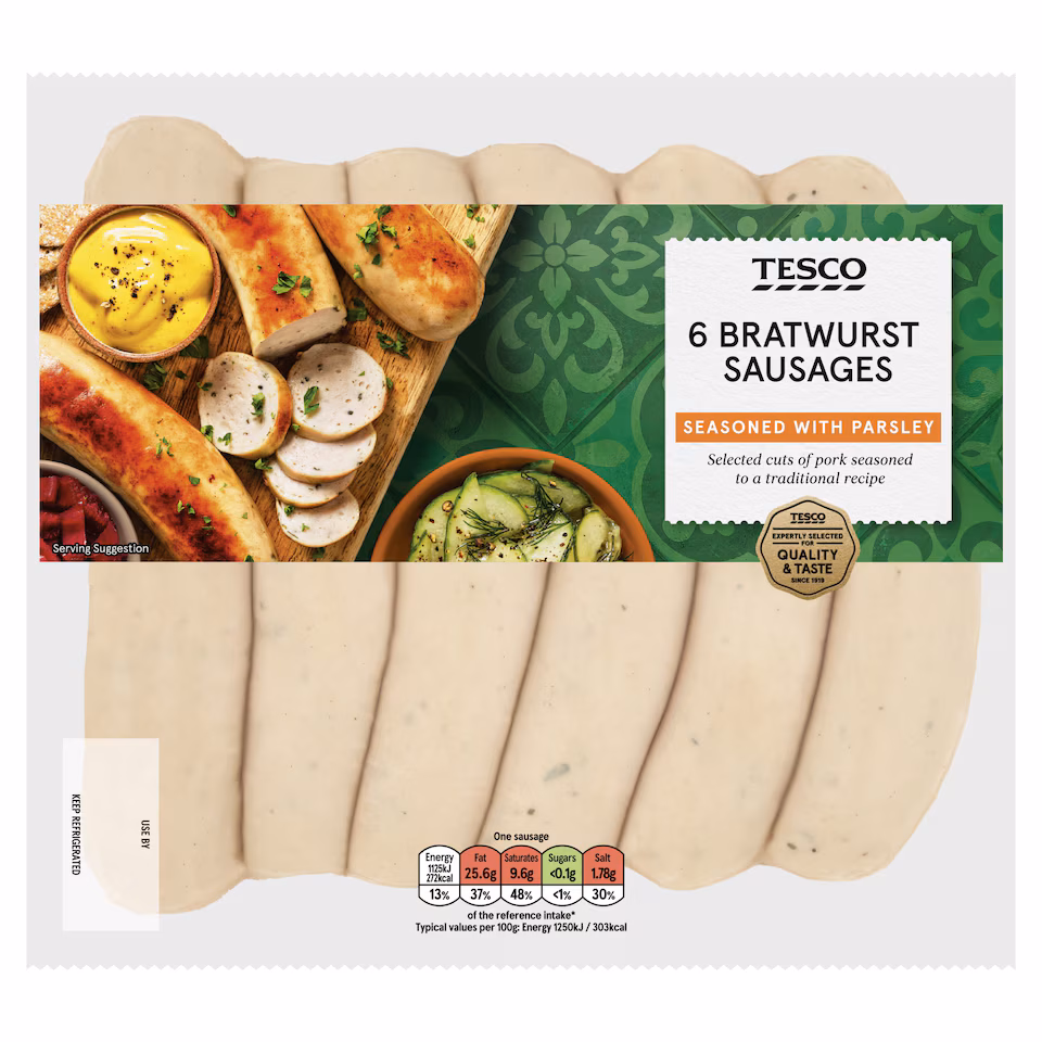 Tesco 6 Bratwurst Sausages 540g