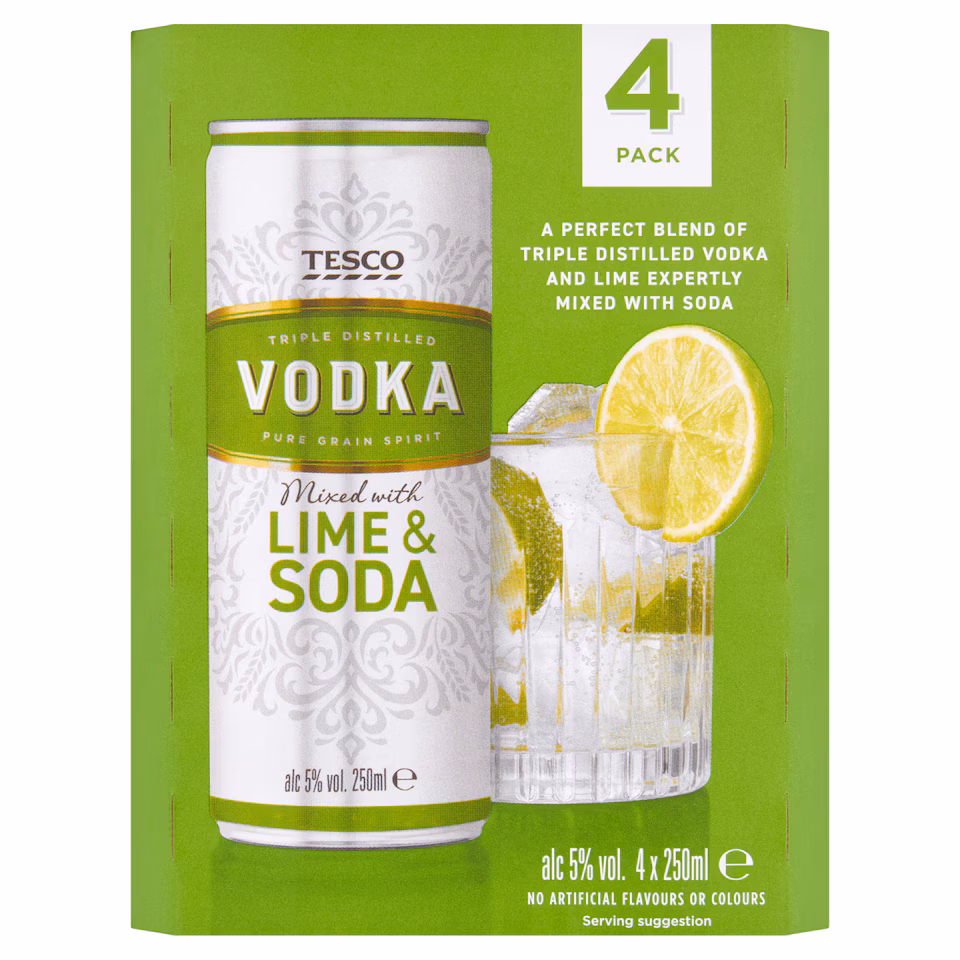 Tesco Vodka Lime & Soda 4 x 250ml