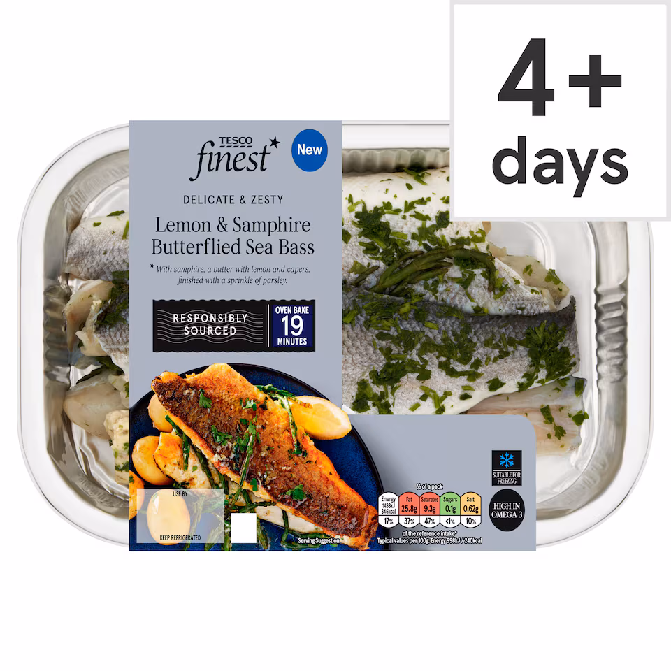 Tesco Finest Lemon and Samphire Butterflied Sea Bass 307g