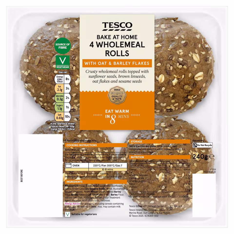 Tesco Bake at Home Wholemeal rolls 240g