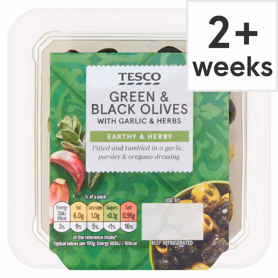 Tesco Green & Black Olives With Garlic & Herbs 150g