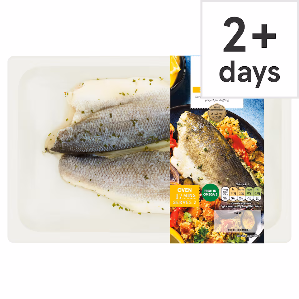 Tesco 2 Lemon Parsley Butterflied Sea Bass Fillets 255G