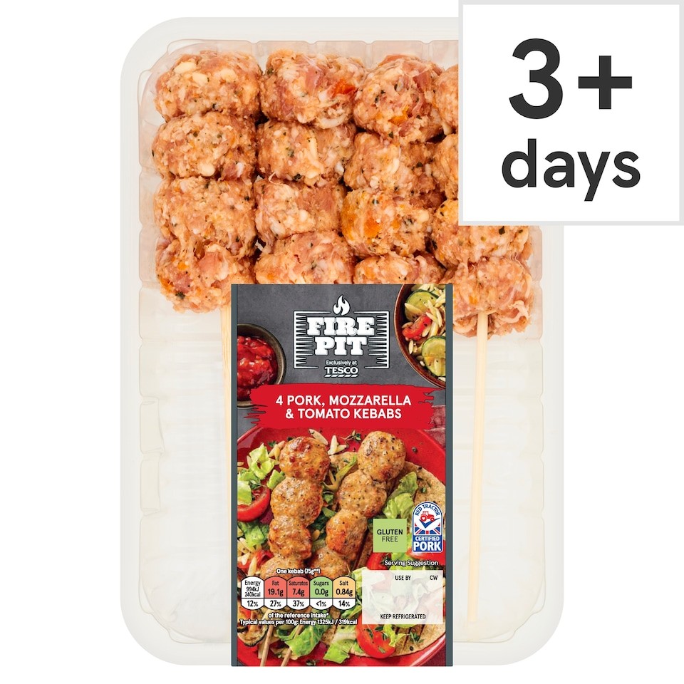 Tesco Fire Pit 4 Pork, Mozzarella & Tomato Kebabs 400G