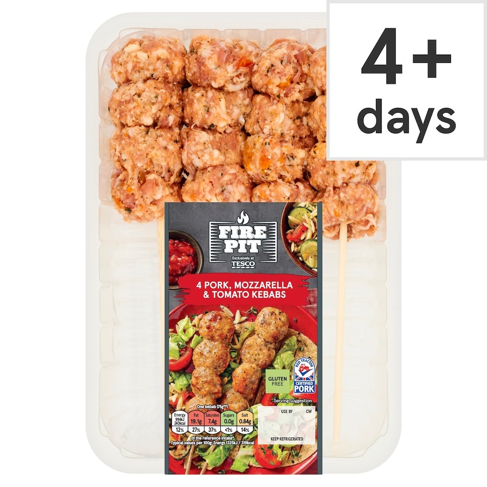 Tesco Fire Pit 4 Pork, Mozzarella & Tomato Kebabs 400G